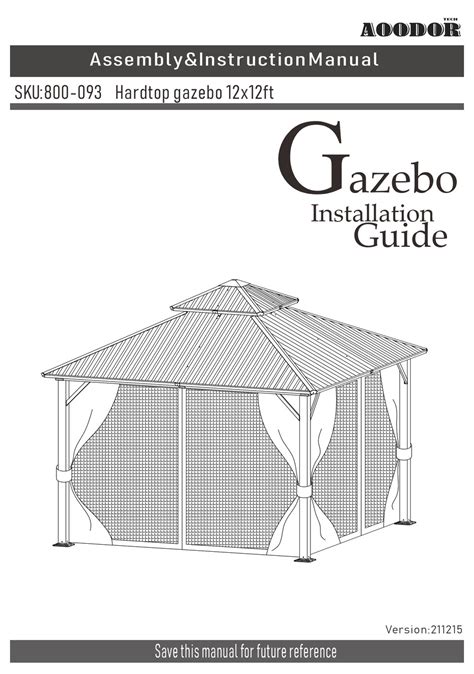 Aoodor gazebo assembly instructions - Drill 4 holes in cupola and attach with #10×2 ½” screws. Please Note: Some Gazebos are sent with different hardware modification packages for Hurricane areas. Disregard instructions that may not apply. Gazebo Depot. 888-243-2410 or 406-441-1552. Gazebo Depot Standard Assembly VideoVTS 01 1. 